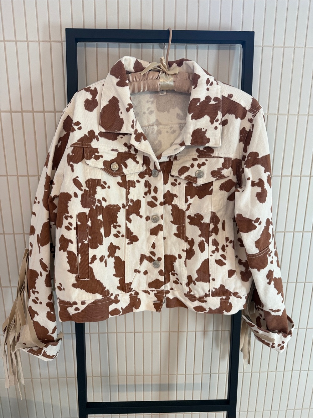 Peach Love California Brown & White Cow Print Denim Jacket (M)